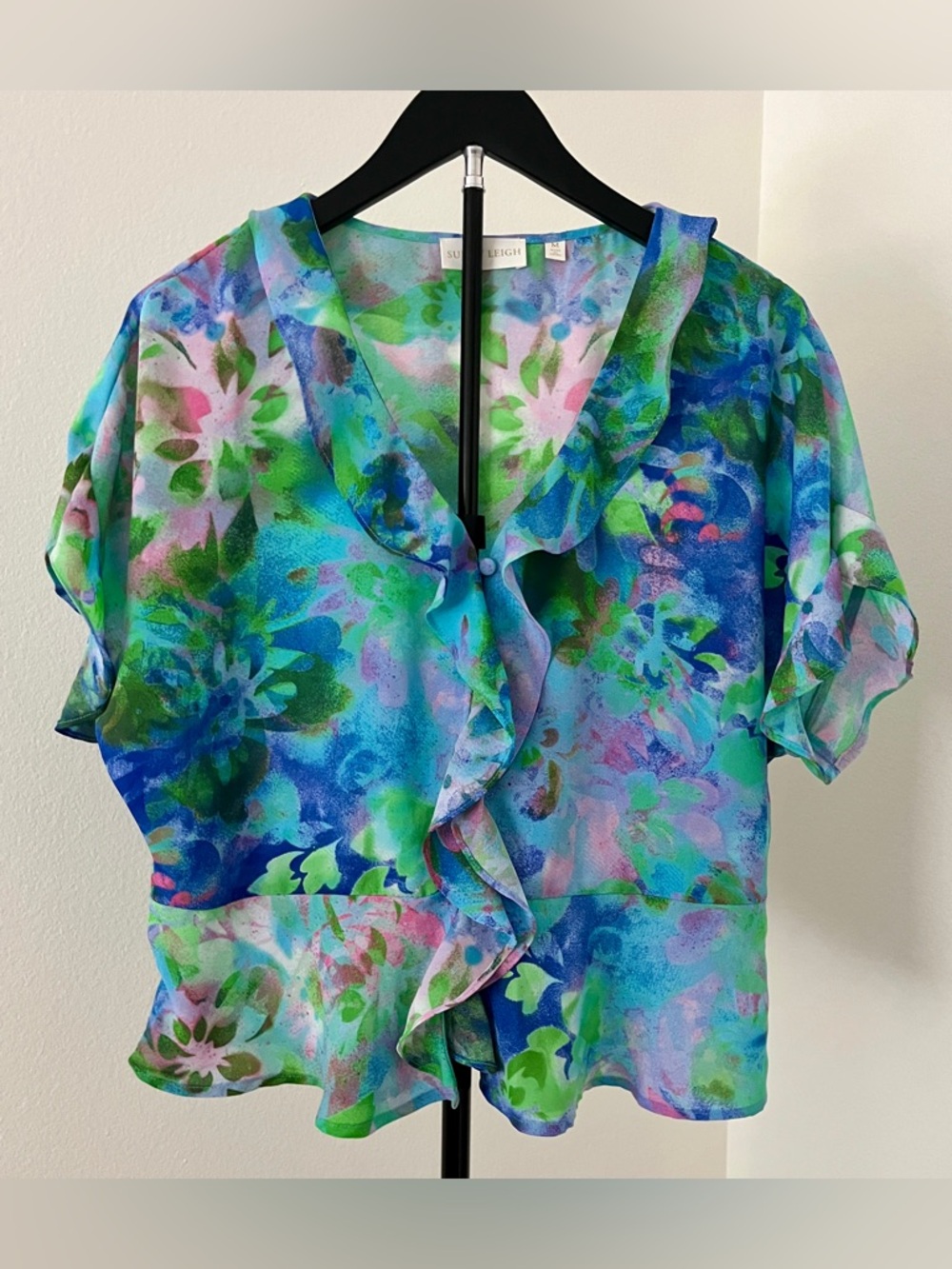 🌸 Sunny Leigh Sheer Floral Ruffle Blouse | Blue, Green, Pink | Watercolor Chic
